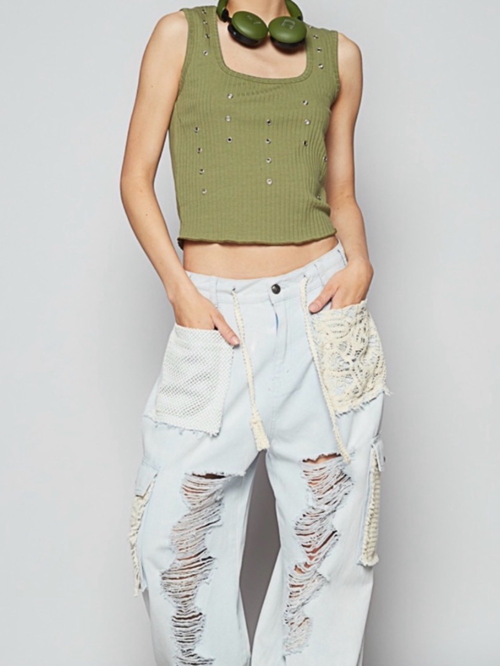 #1379 POL Pink Distressed Cargo Track Pants with Crochet Pockets - Picture 4 of 14